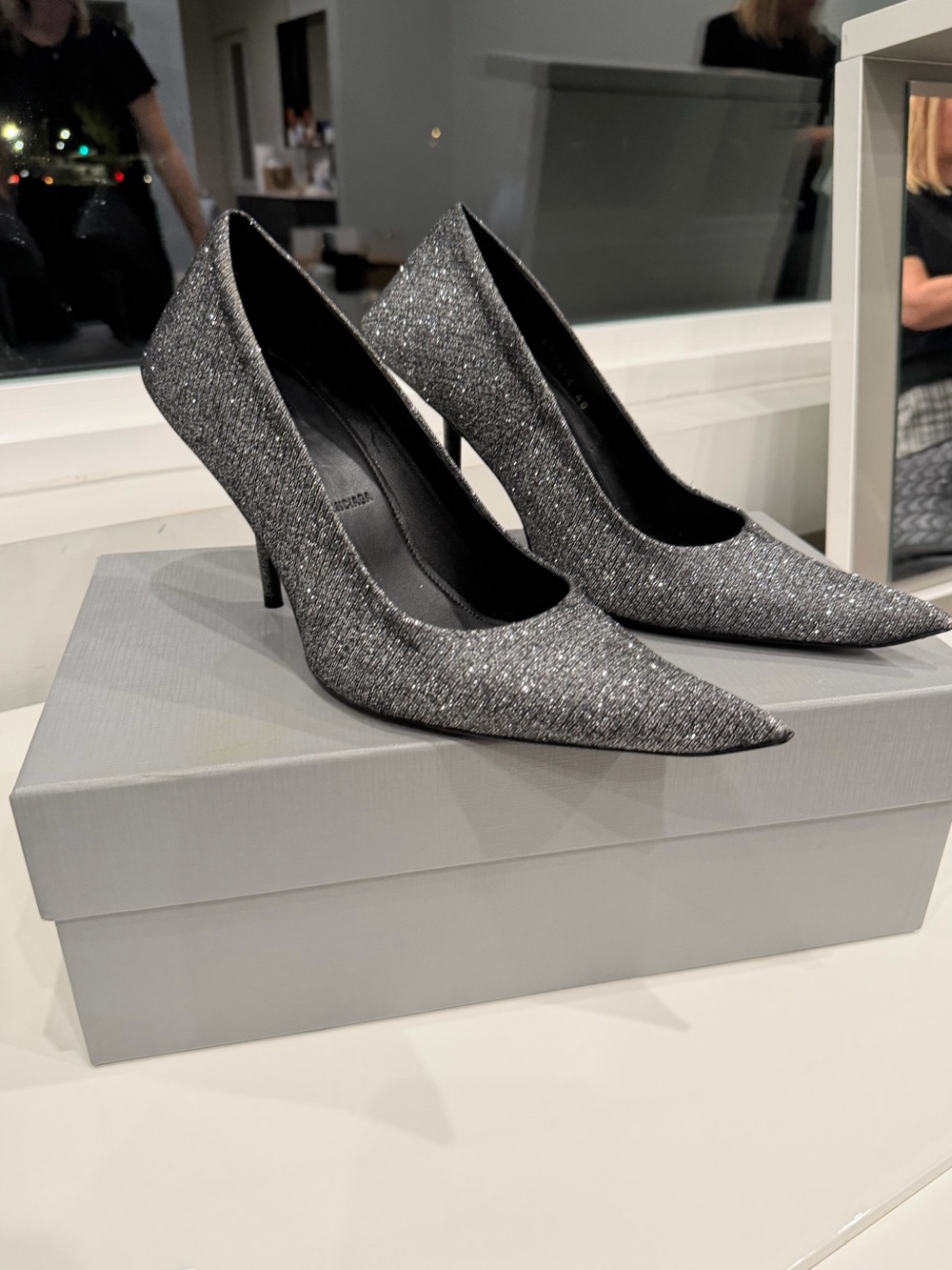 Balenciaga Silver Glitter Pointed-Toe Pumps